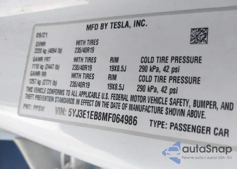 2021 Tesla Model 3 Long Range Dual Motor All-Wheel Drive из США, поврежденный, VIN 5YJ3E1EB8MF064986